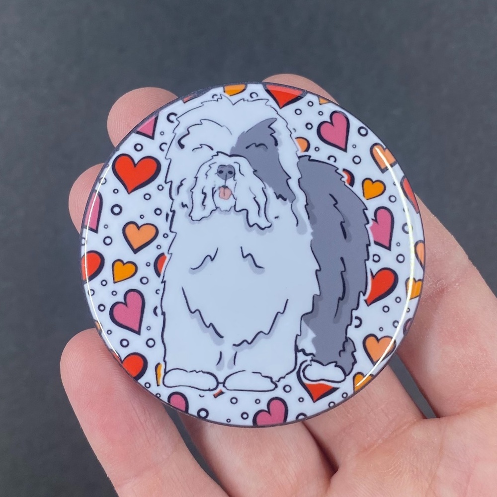 Old English Sheepdog Pinback Button, Handmade Dog Accessories & Flair 2.25"